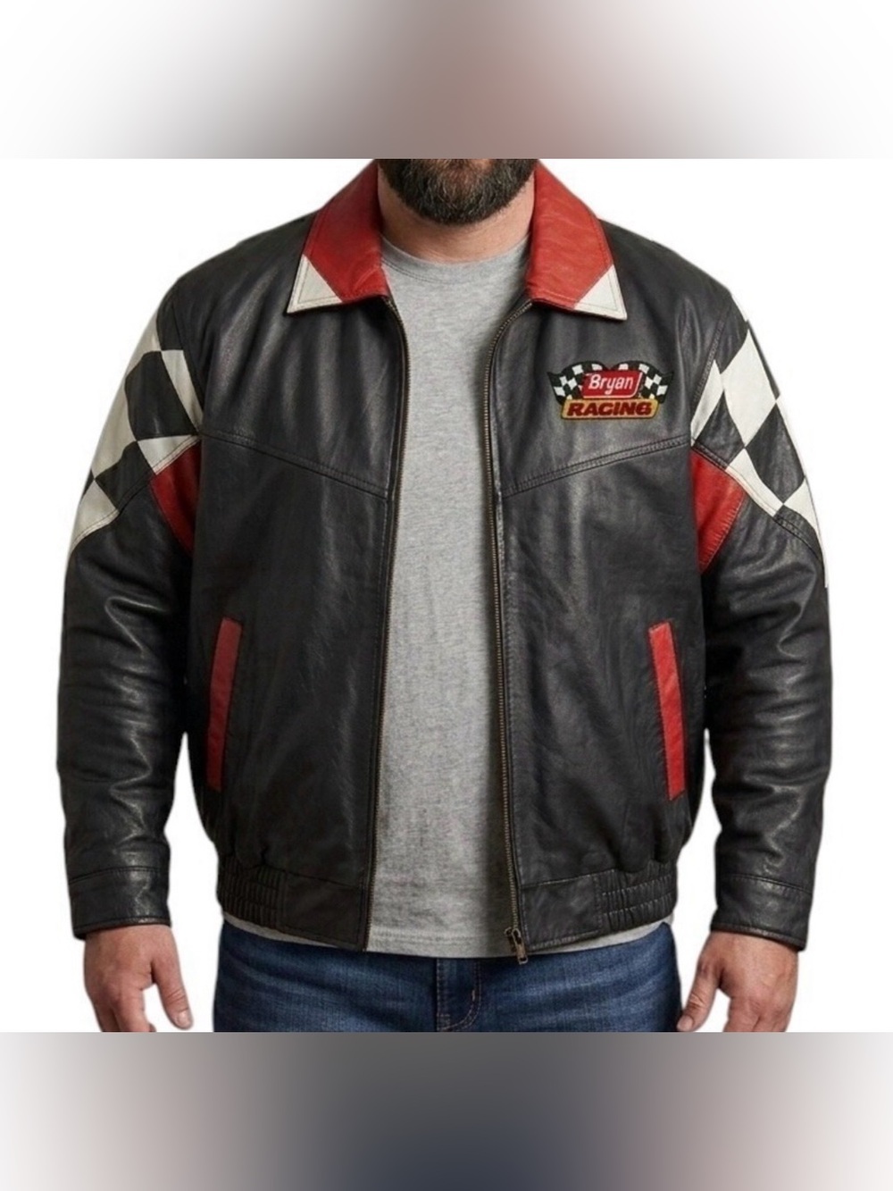 BRYAN RACING Leather Jacket sz XL Burk's Bay Black Checker Red Trim Motorsports